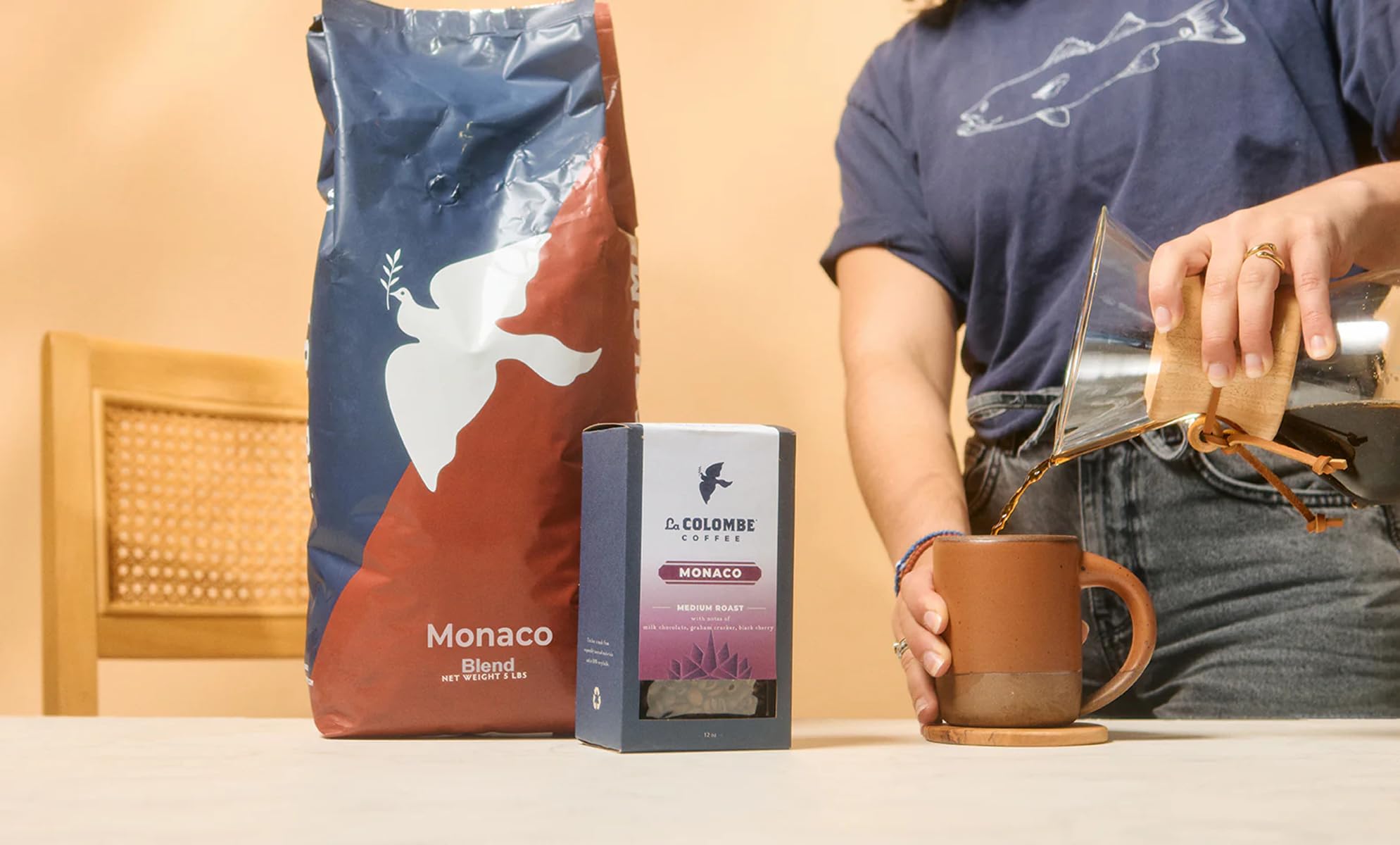 12-ounce La Colombe bag beside a scale to show accurate pack size and portioning benefit