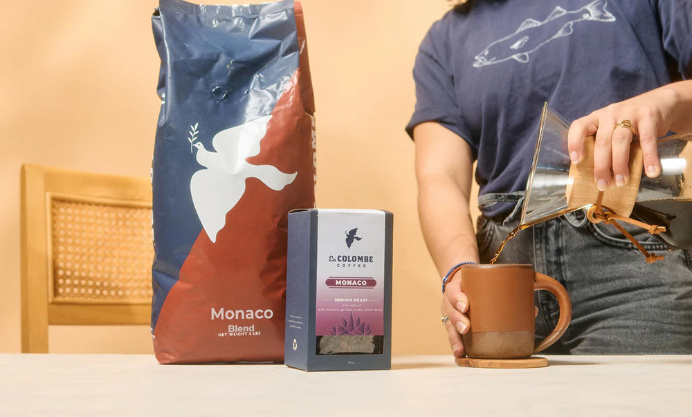 12-ounce La Colombe bag beside a scale to show accurate pack size and portioning benefit