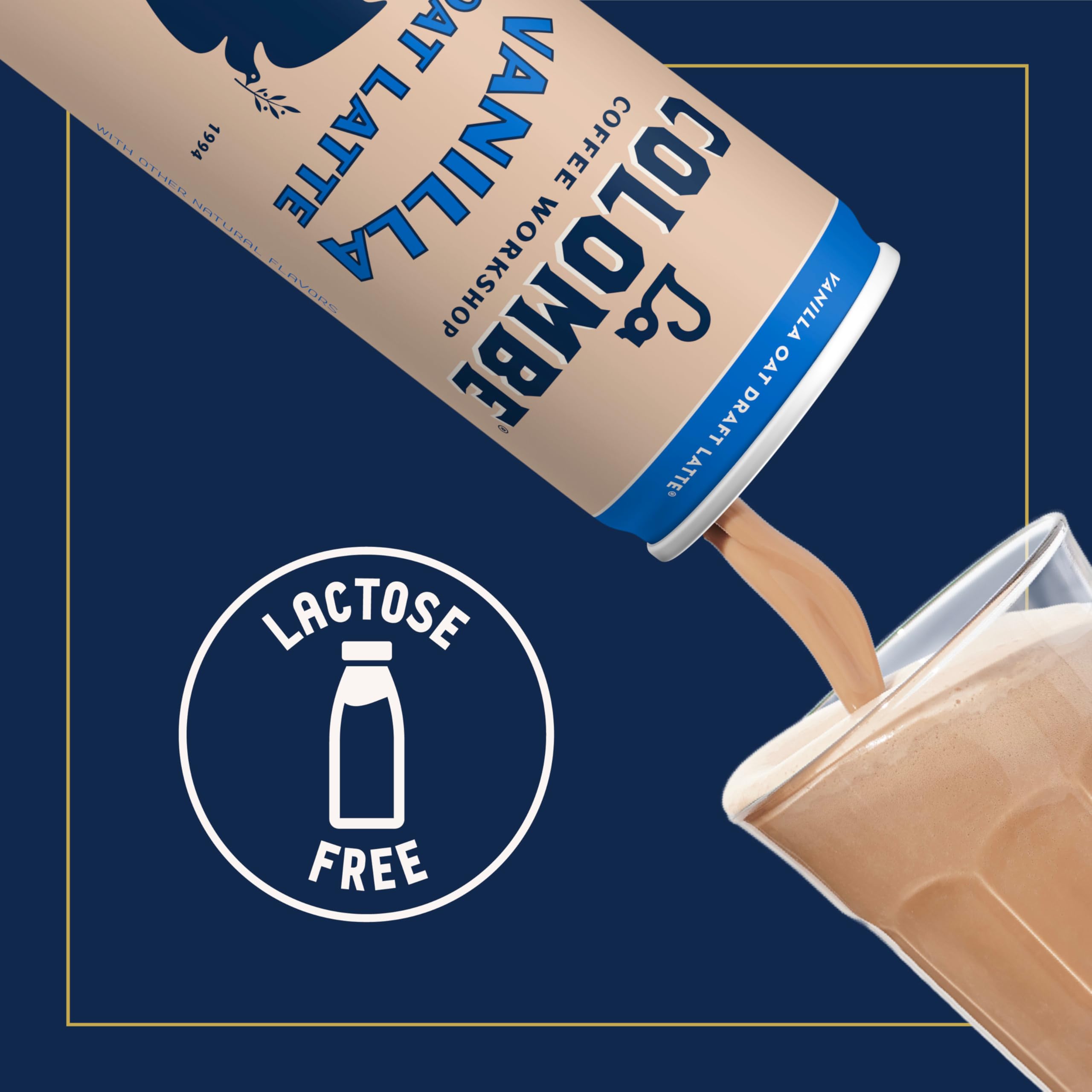 La Colombe pouring oatmilk vanilla latte with frothy foam and creamy benefit
