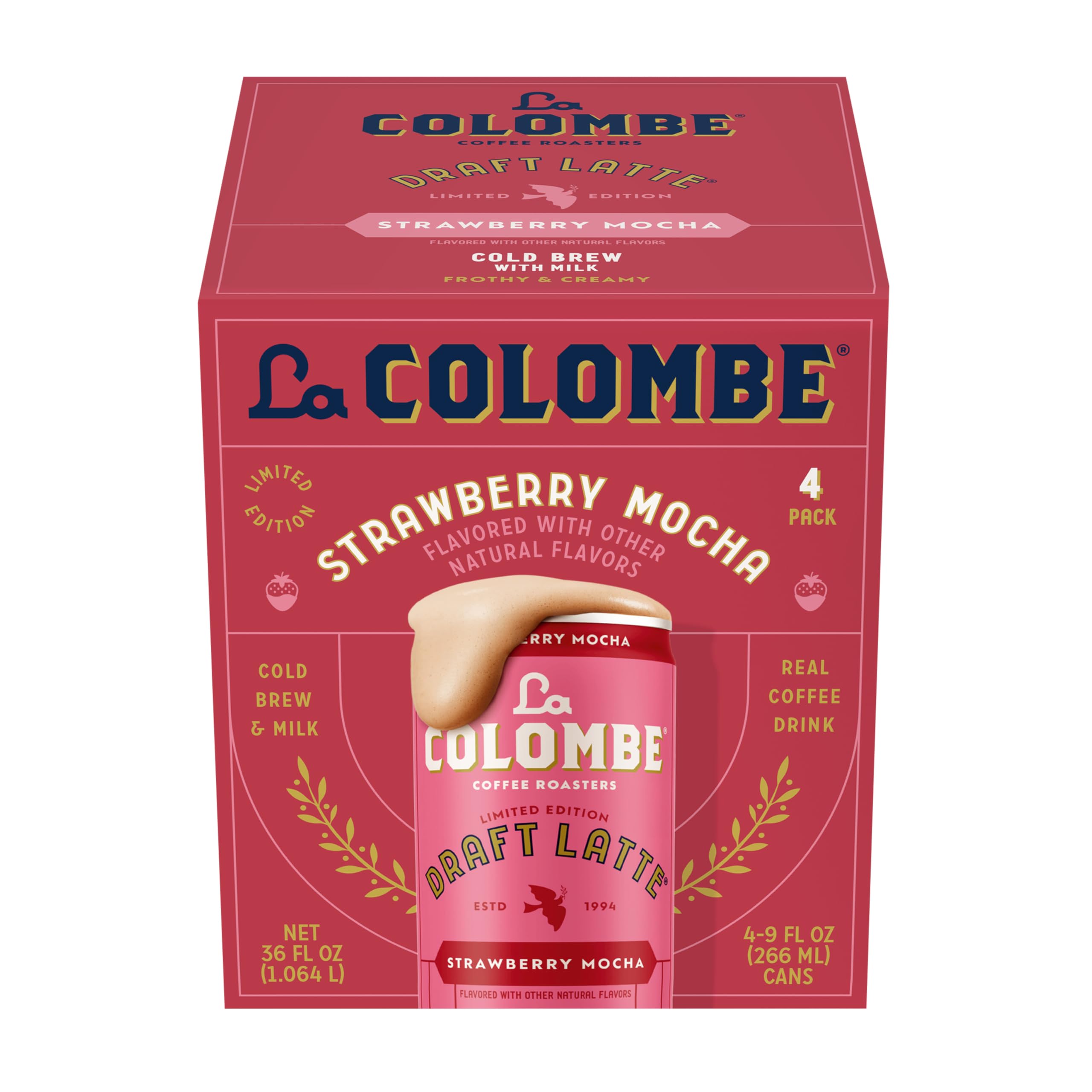 La Colombe can front packaging showing strawberry mocha flavor and convenience
