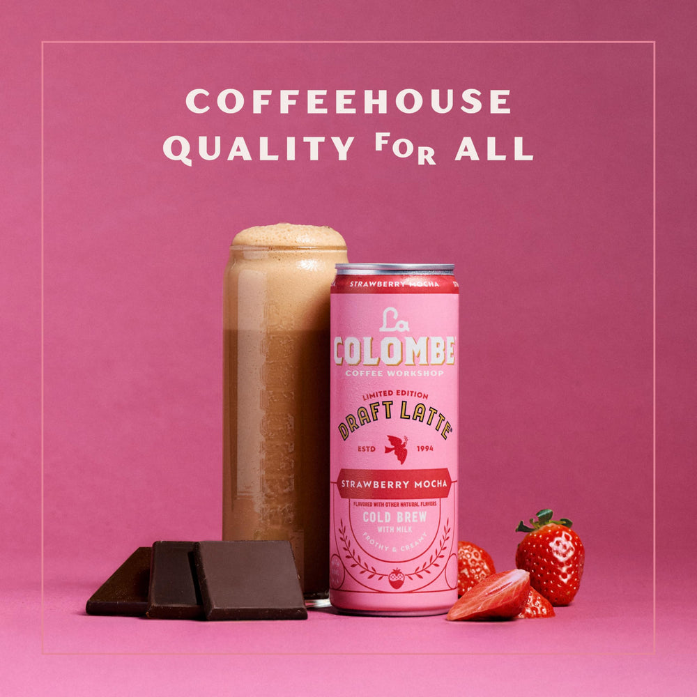 La Colombe pouring strawberry mocha cold brew into a glass for creamy look