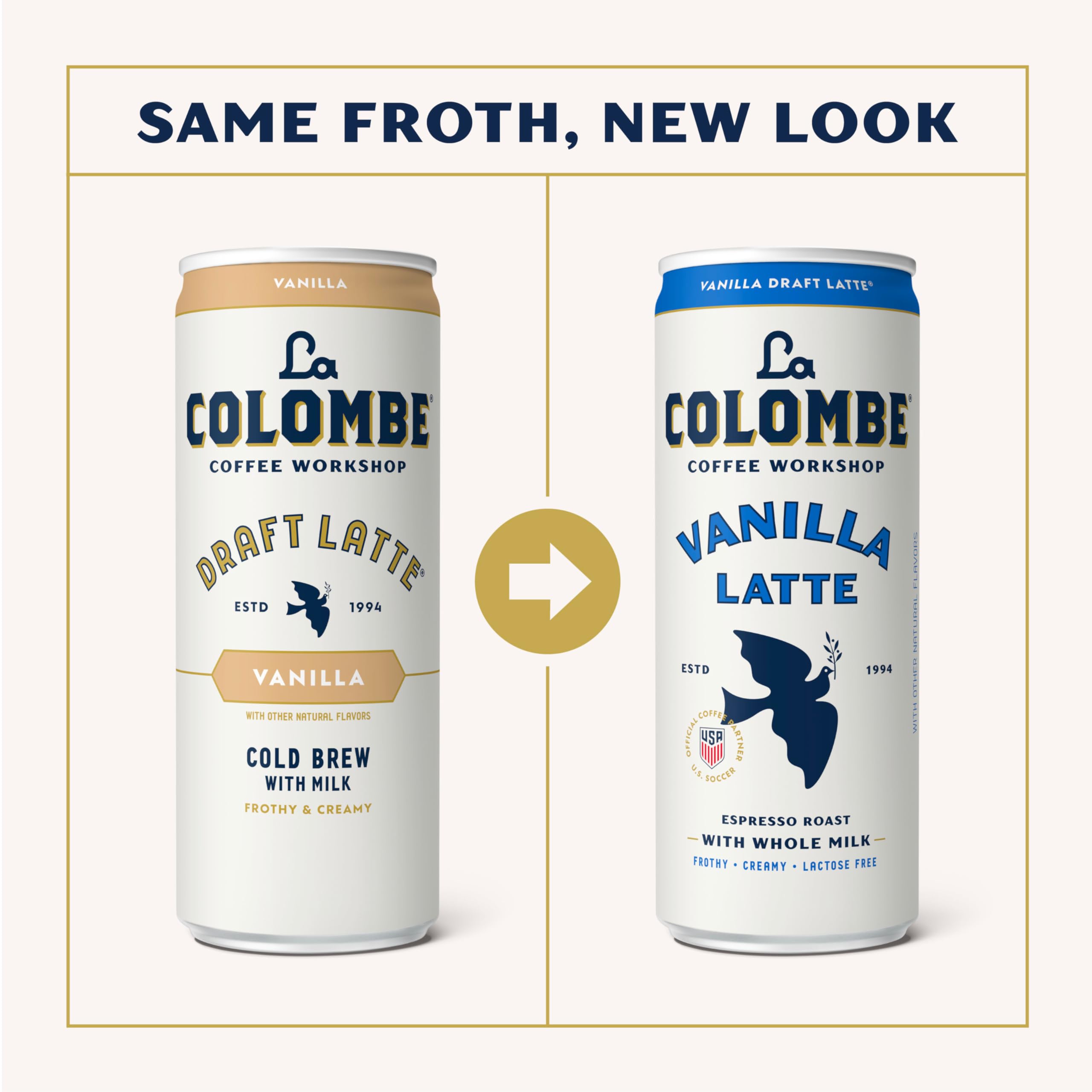 La Colombe can close-up label displaying vanilla latte branding and quality cues