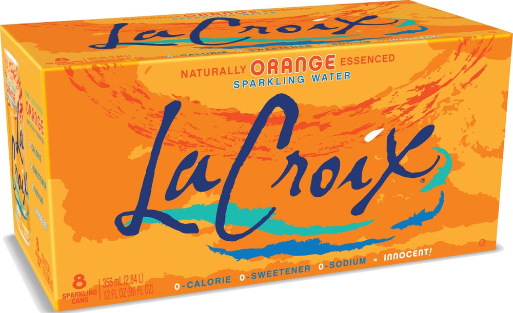 La Croix orange front packaging showing eight cans and refreshing citrus appeal