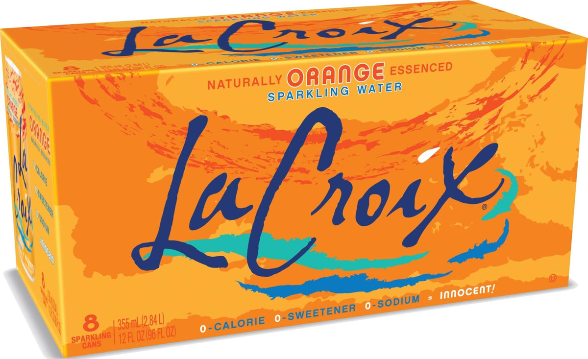 La Croix orange front packaging showing eight cans and refreshing citrus appeal