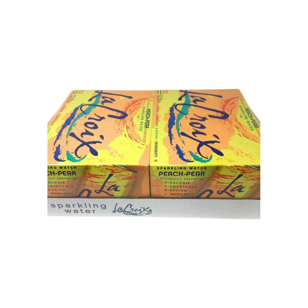 La Croix front pack showing Peach Pear 24-pack and easy storage benefit
