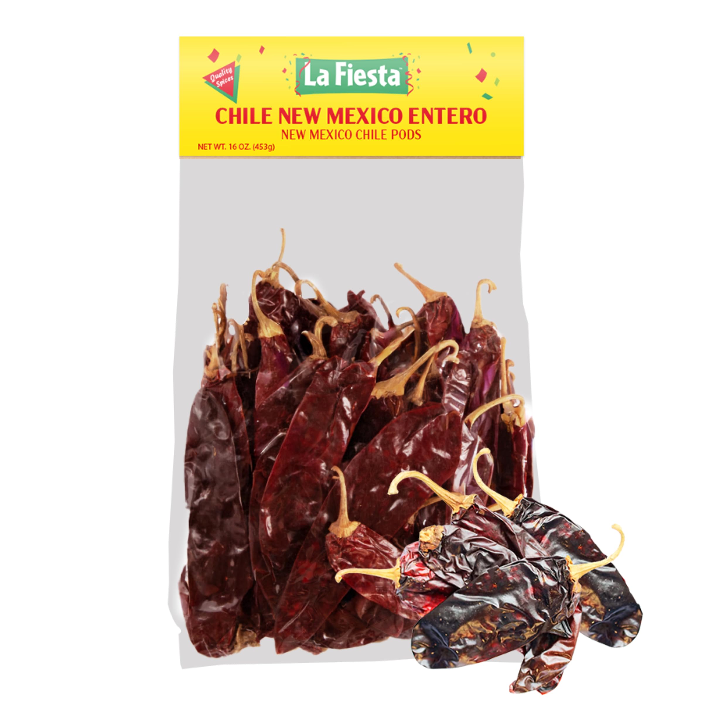 La Fiesta front package showing 16 oz bag and clear label for pantry convenience