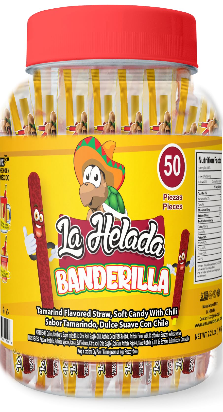 La Helada Micheladas jar front view showing 50 tamarind straws and label for instant flavor