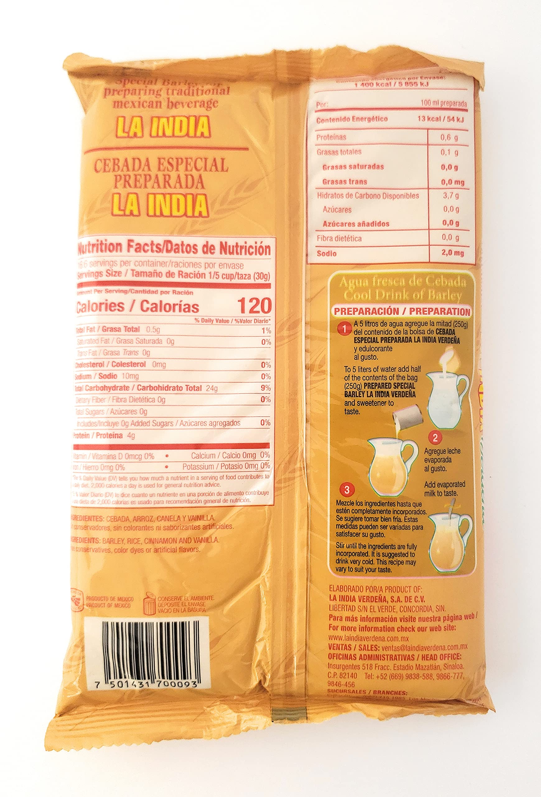 La India Verdena ingredient label close-up confirming cinnamon and vanilla