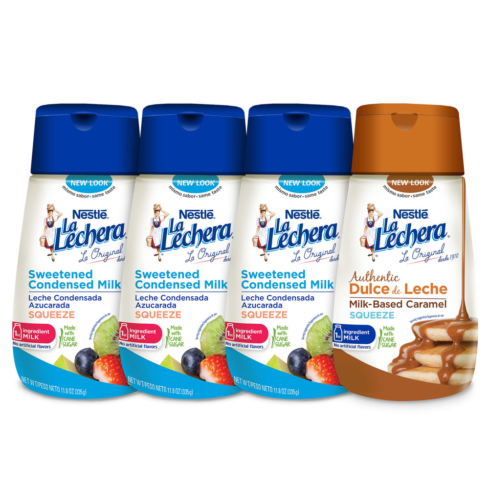Nestle La Lechera bottles with open resealable caps for easy storage