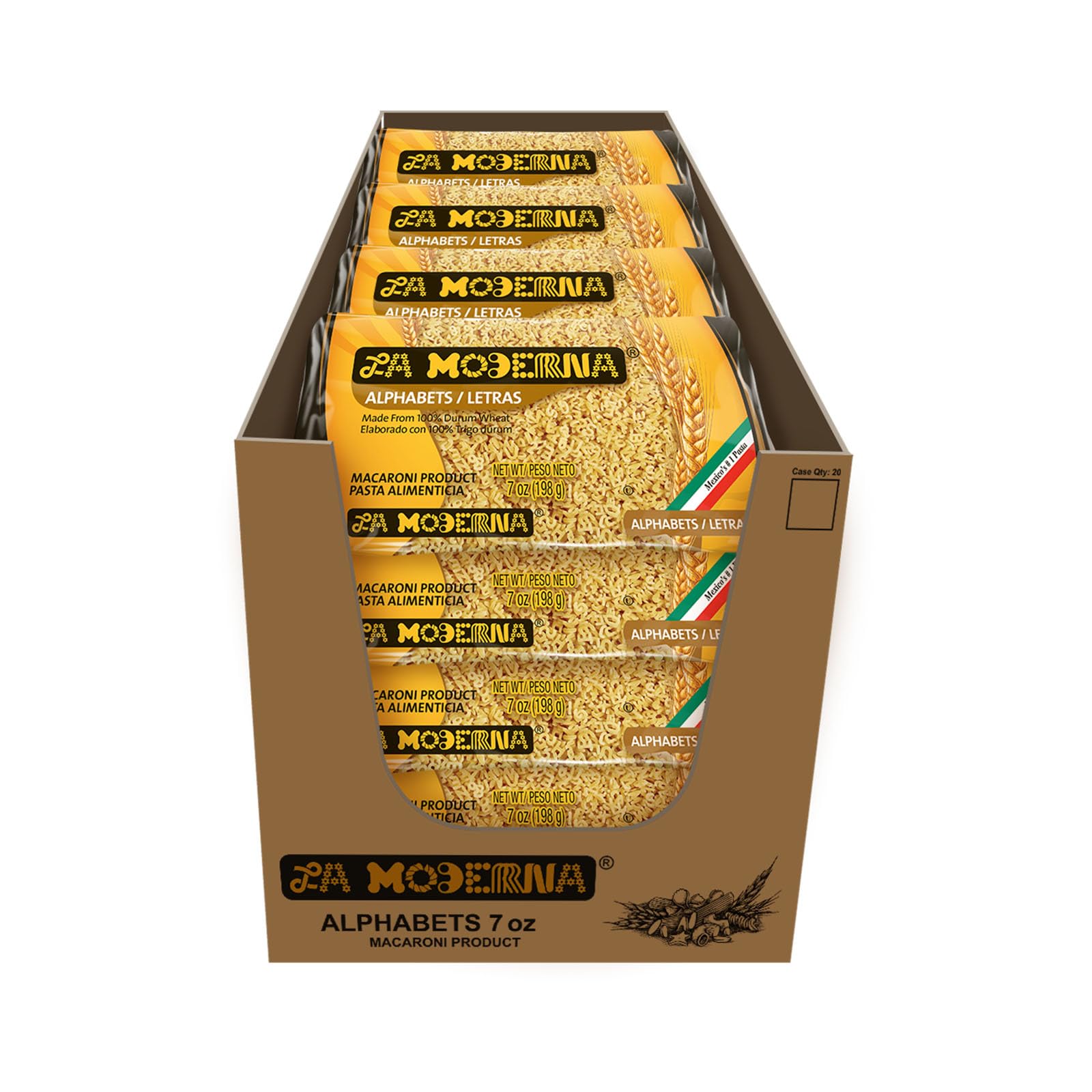La Moderna front packaging showing alphabet pasta and brand clarity for easy identification