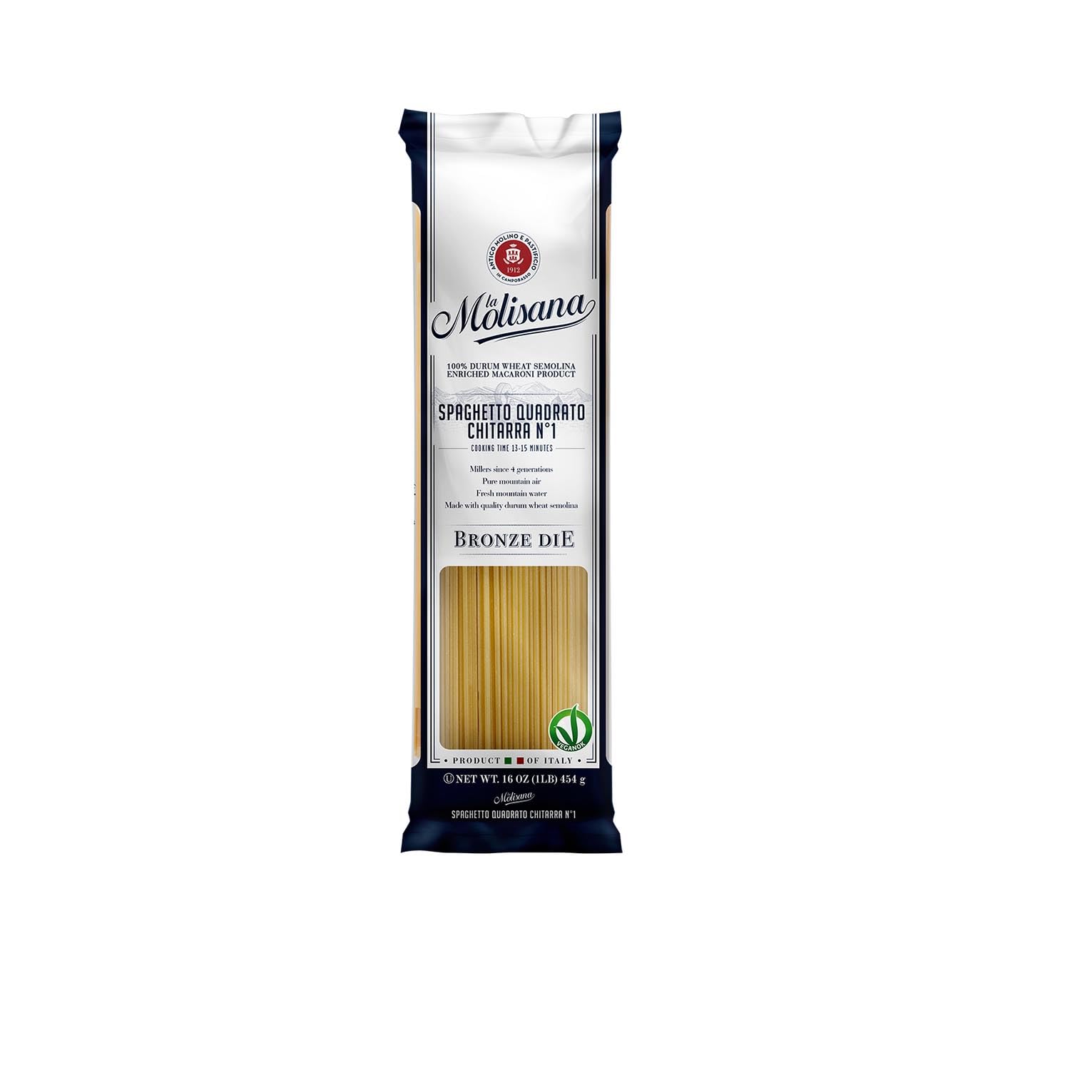La Molisana front packaging showing spaghetti alla chitarra and Italian quality benefits