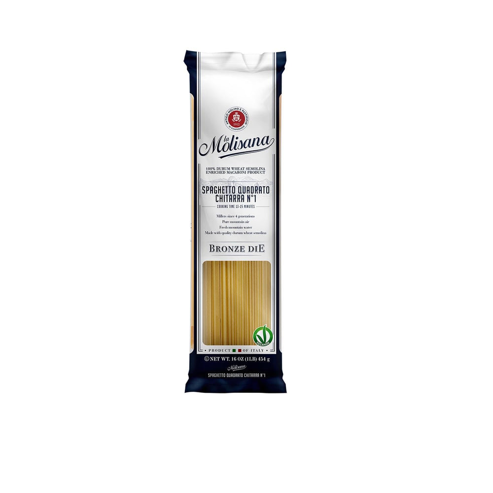 La Molisana front packaging showing spaghetti alla chitarra and Italian quality benefits