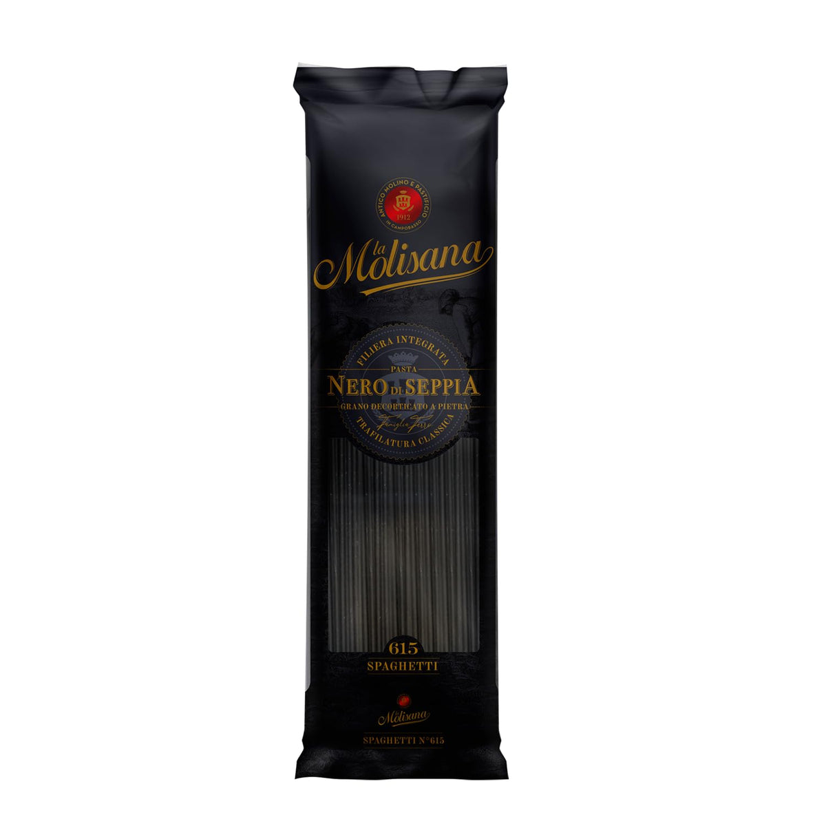 La Molisana front packaging showing black squid ink spaghetti and premium label