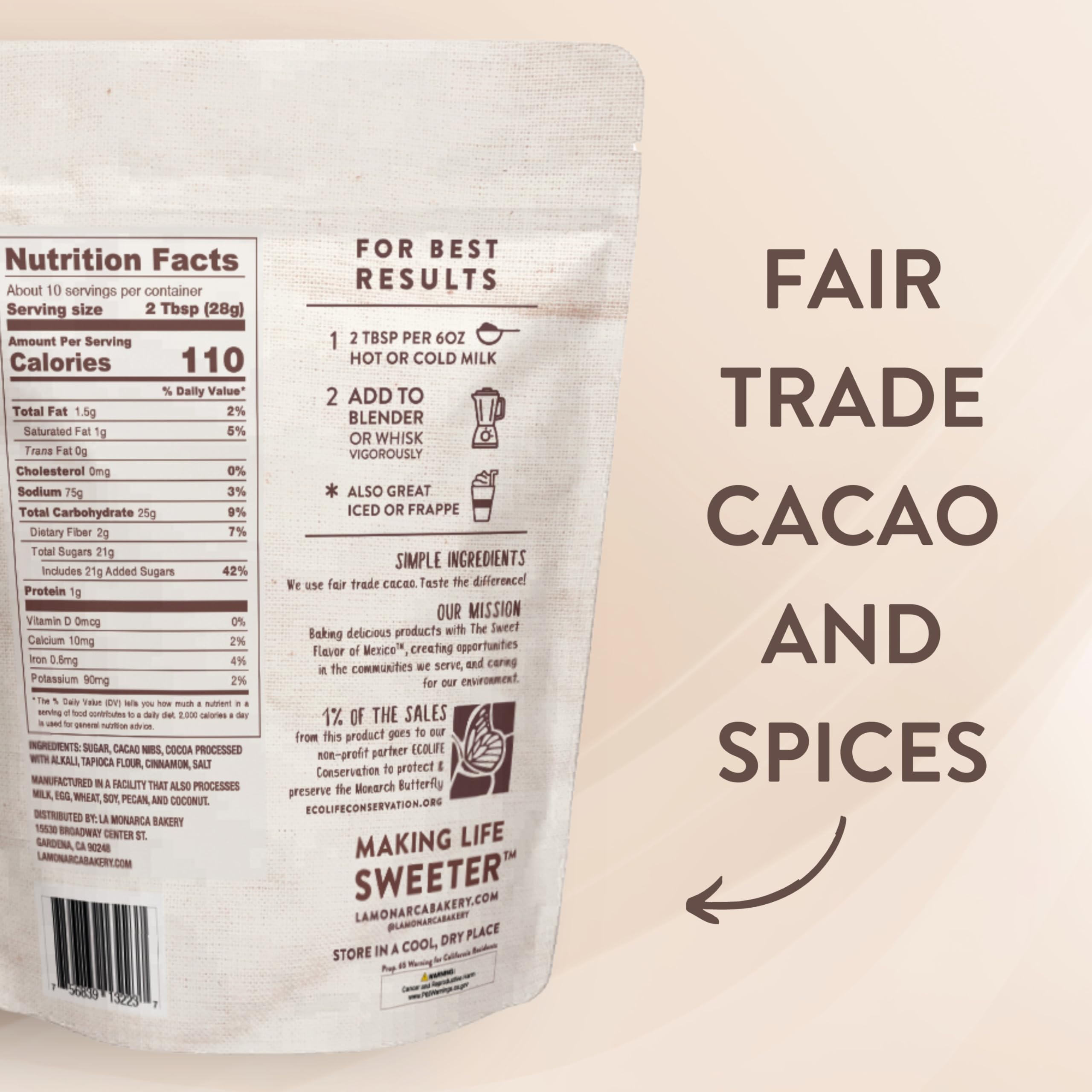 La Monarca Bakery powder close-up highlighting organic cacao texture and rich flavor