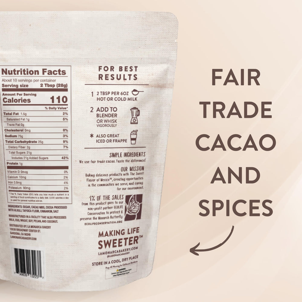La Monarca Bakery powder close-up highlighting organic cacao texture and rich flavor