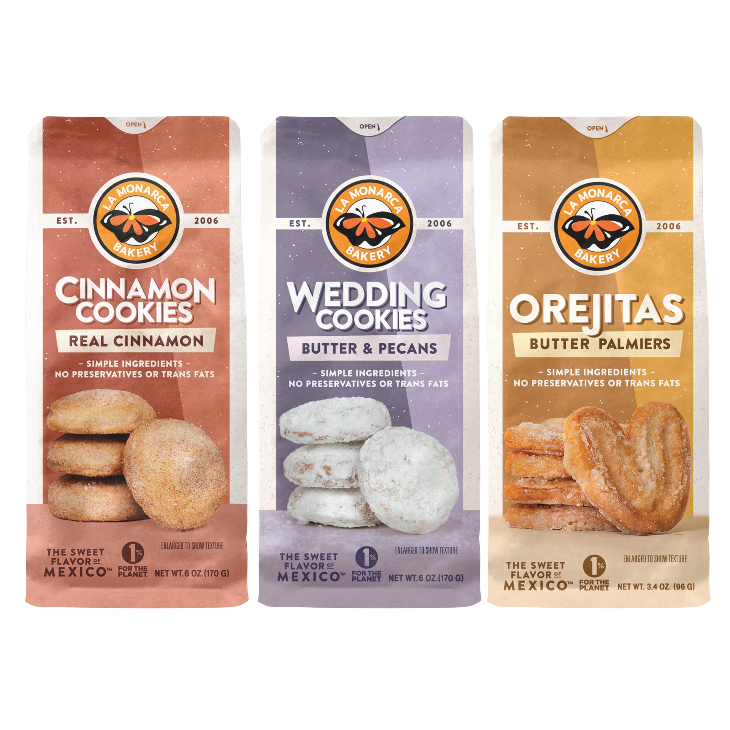 La Monarca Bakery front-packaging showing three individually bagged flavors for gifting