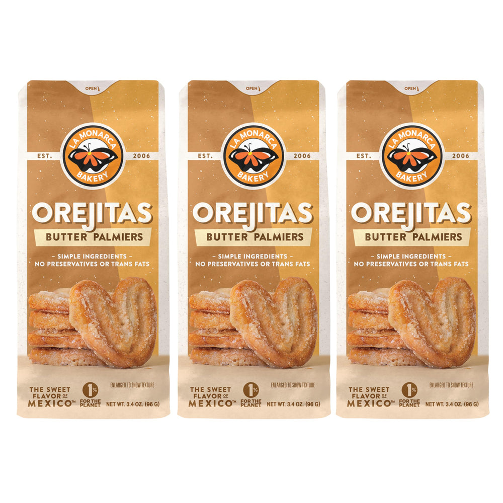 La Monarca Bakery front packaging showing three 3.4 oz bags and branding benefit clarity