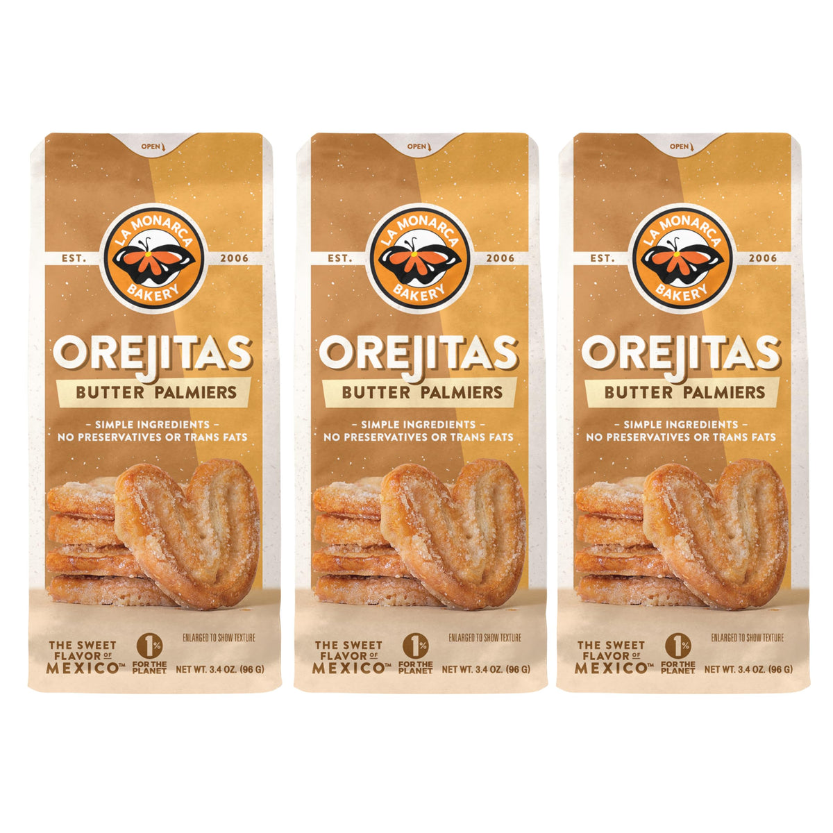 La Monarca Bakery front packaging showing three 3.4 oz bags and branding benefit clarity