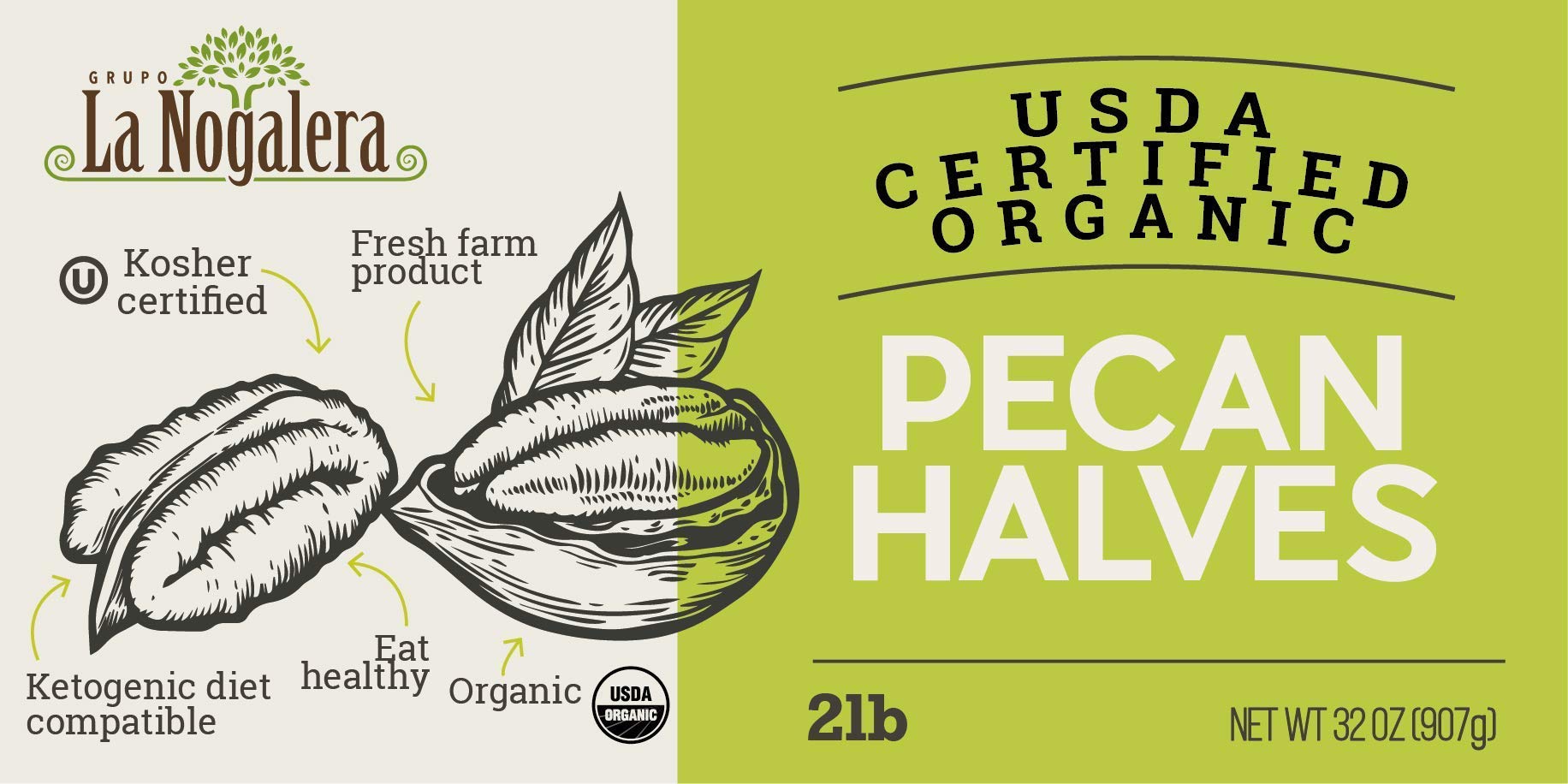 Grupo La Nogalera certification labels close-up showing organic and kosher benefits
