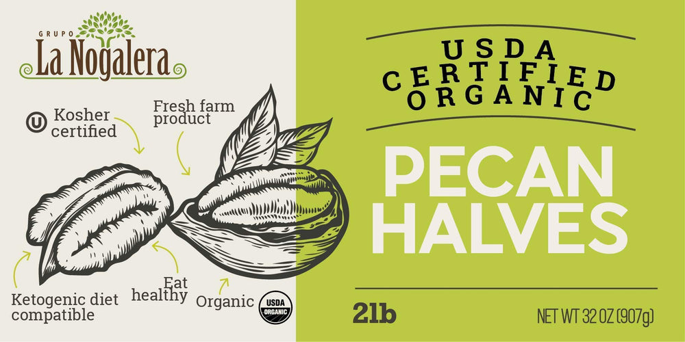 Grupo La Nogalera certification labels close-up showing organic and kosher benefits