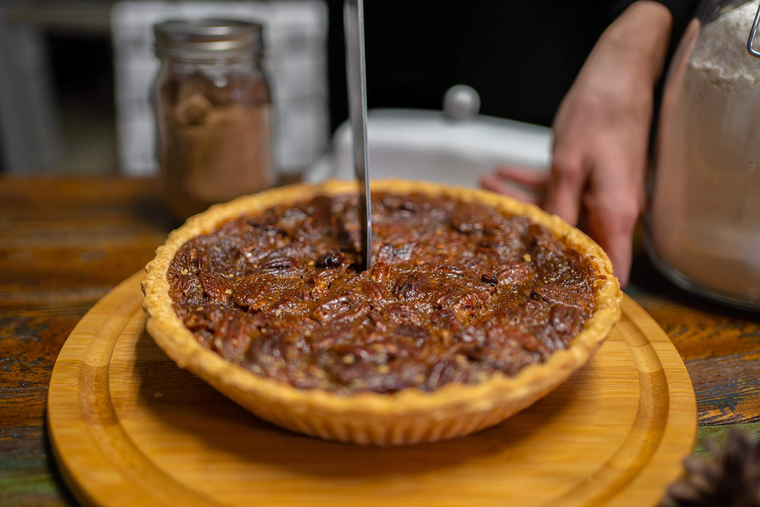 La Nogalera pecan halves used as pie topping demonstrating baking versatility