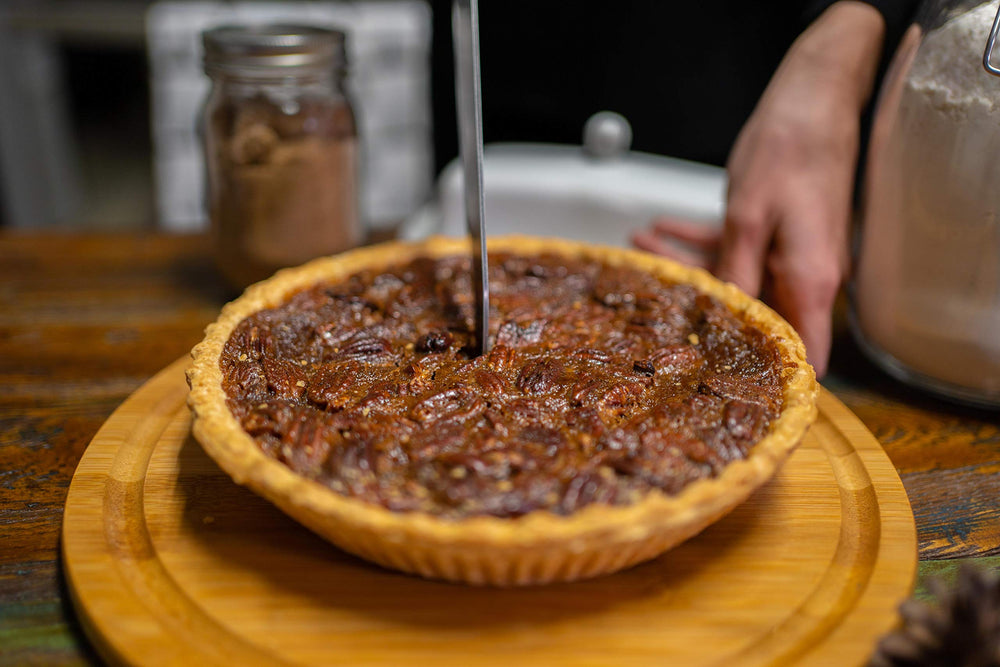 La Nogalera pecan halves used as pie topping demonstrating baking versatility