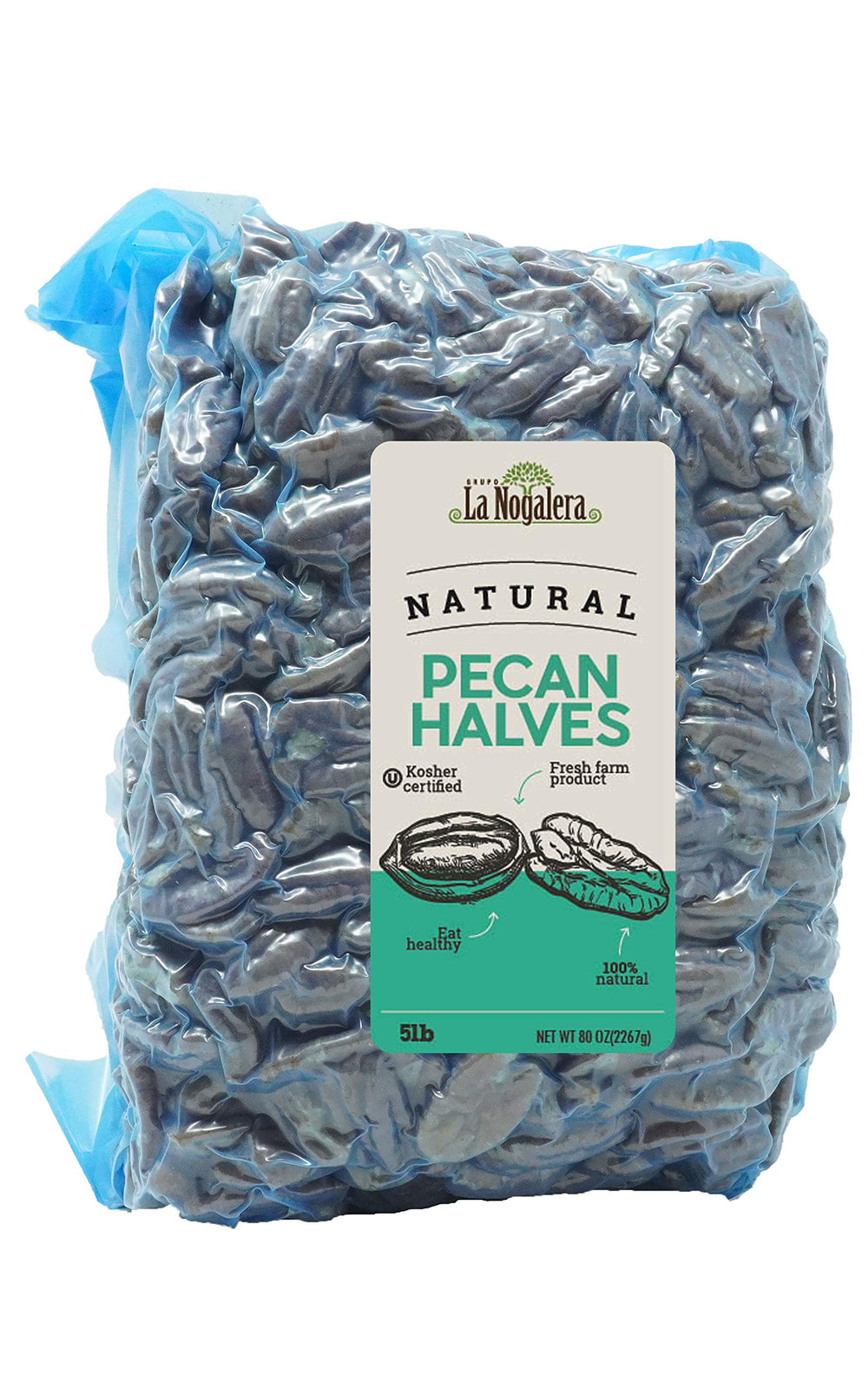 La Nogalera pecans front packaging showing vacuum sealed bag and weight