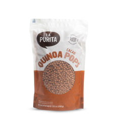 La Purita front packaging showing cacao quinoa pops and clear label benefit