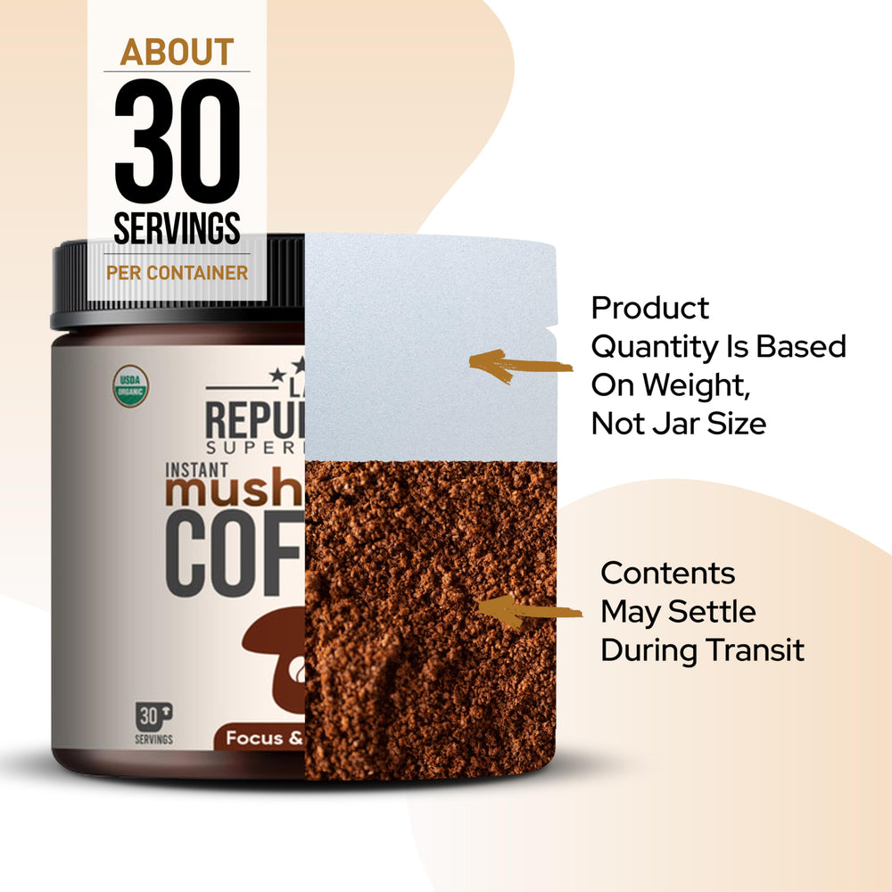 LRLA SUPERFOODS jar beside a coffee cup to show serving size