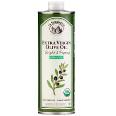 La Tourangelle bottle front showing bright peppery olive oil and organic seal for fresh flavor