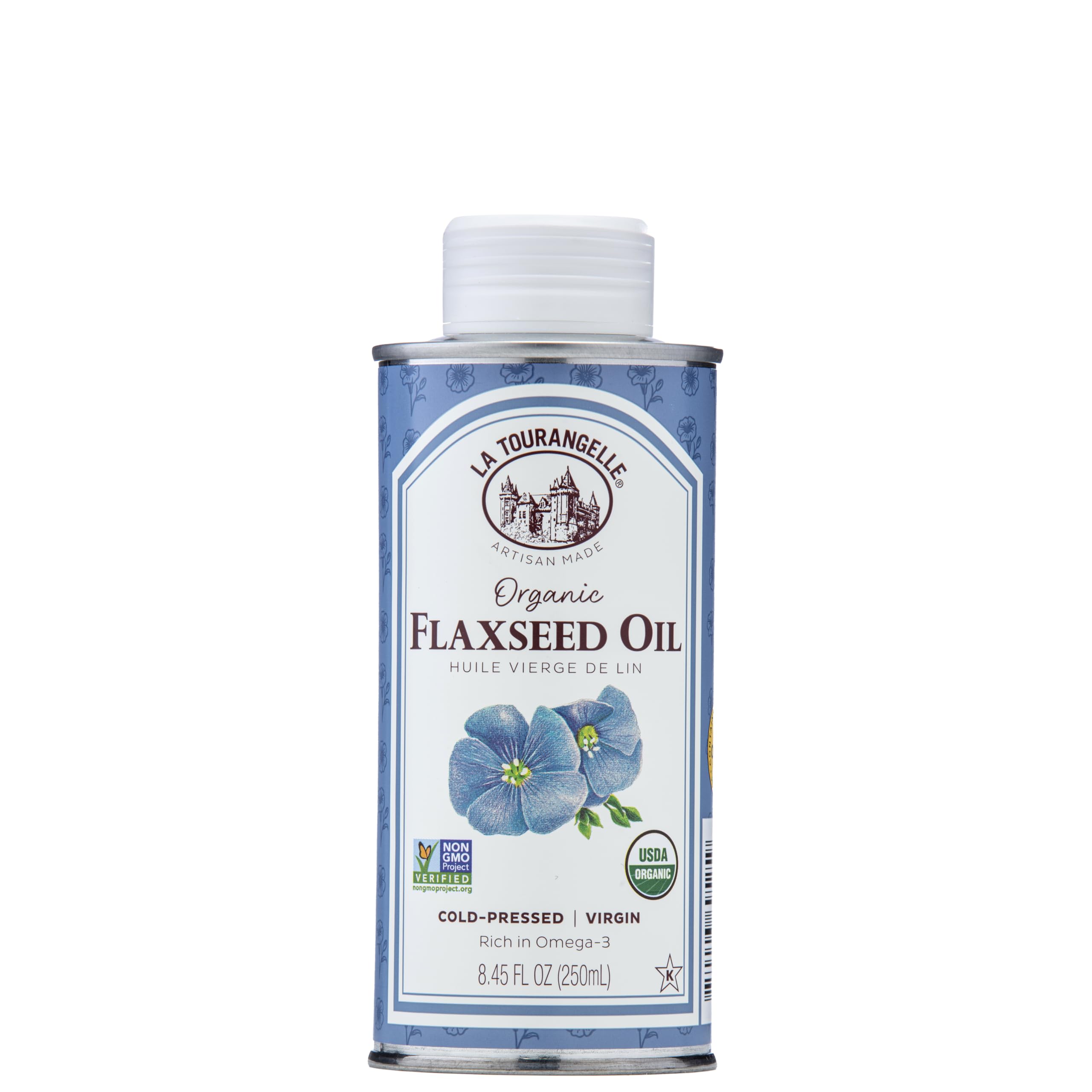 La Tourangelle front tin showcasing organic flaxseed oil and premium design
