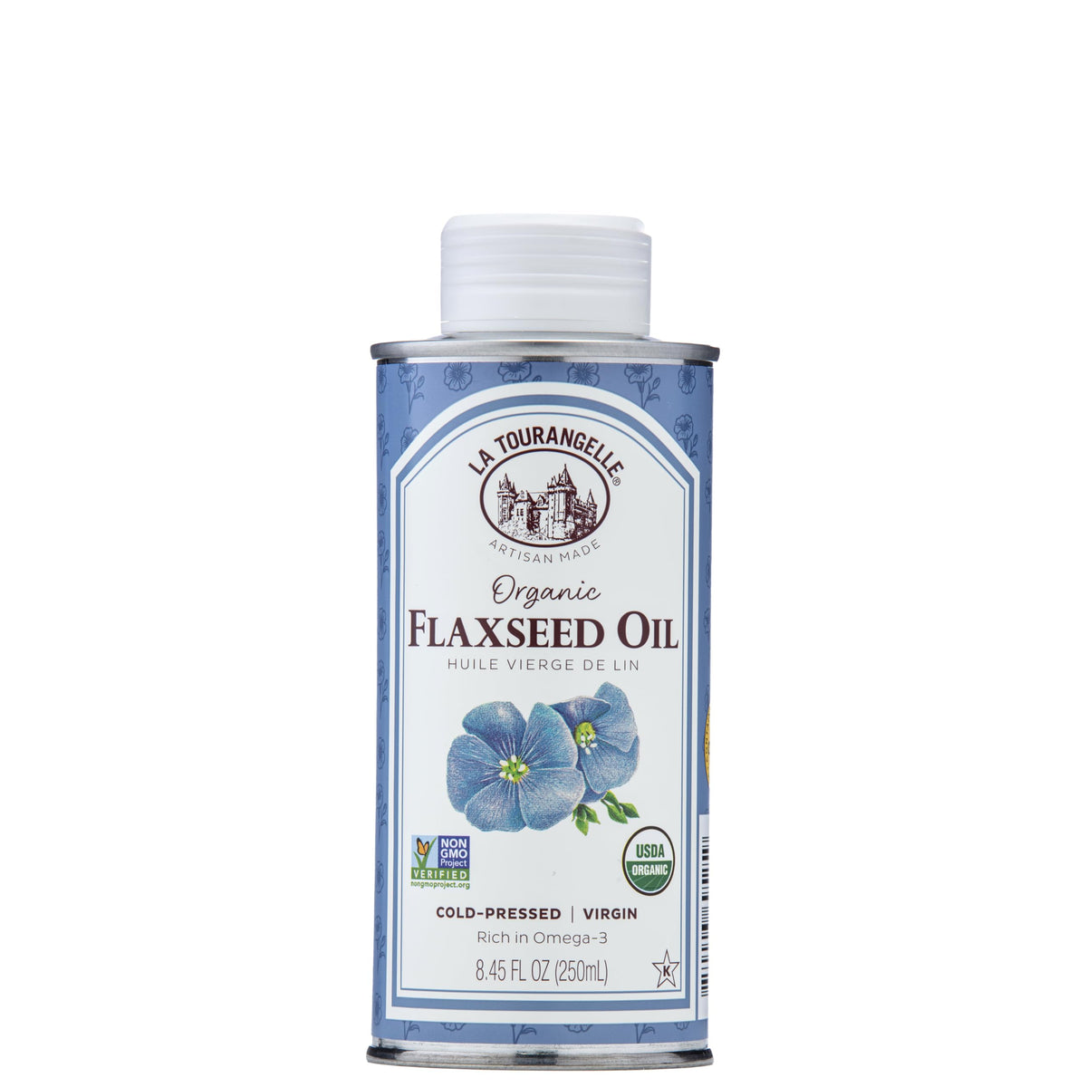 La Tourangelle front tin showcasing organic flaxseed oil and premium design