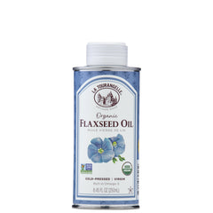 La Tourangelle front tin showcasing organic flaxseed oil and premium design