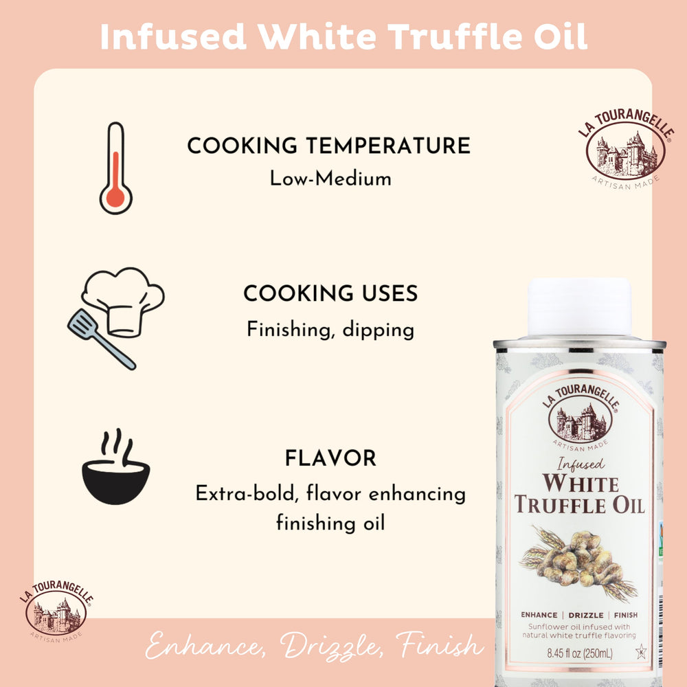 La Tourangelle oil being poured over fries to add bold truffle aroma and elevate flavor benefit