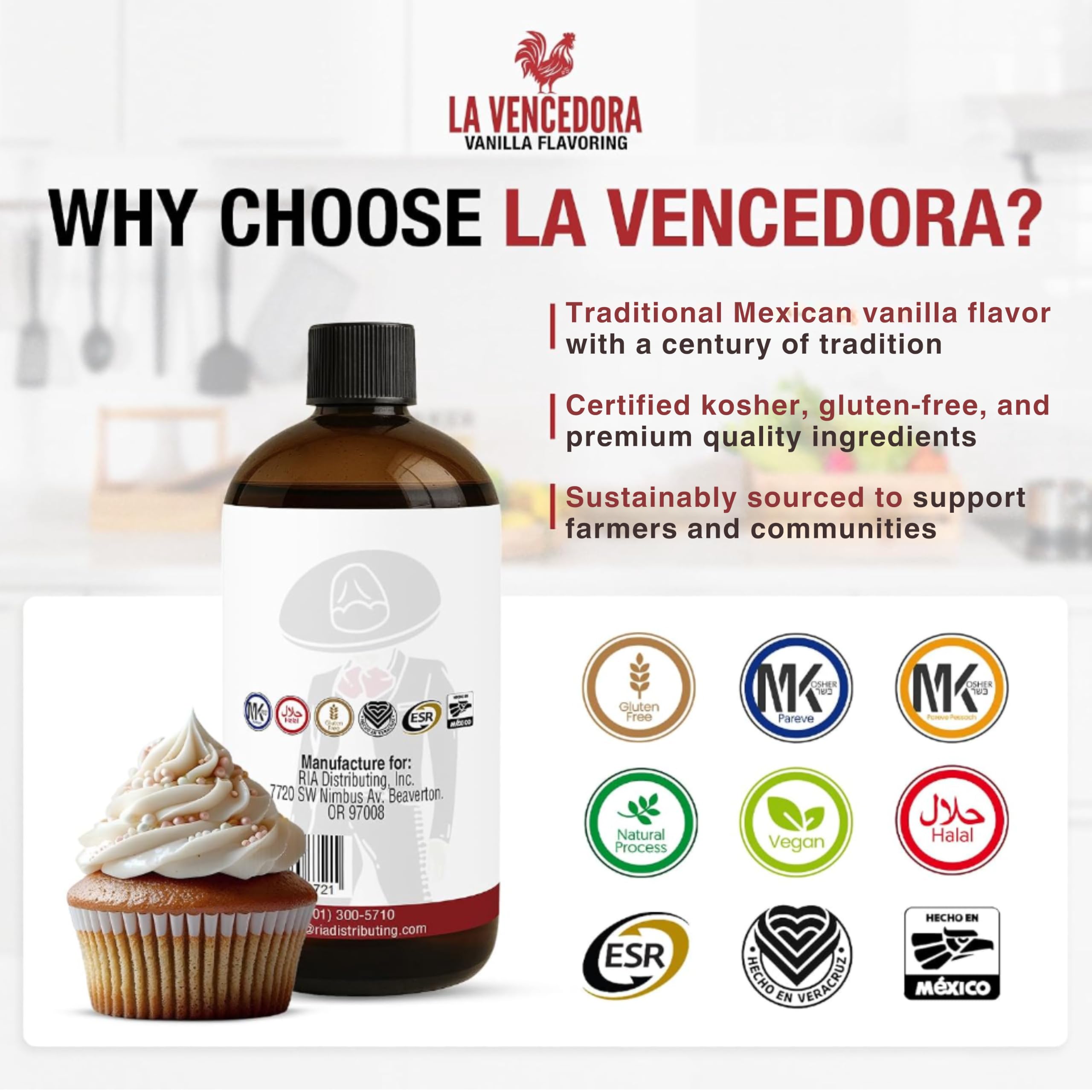 La Vencedora bottles on a kitchen shelf demonstrating bulk supply and pantry readiness