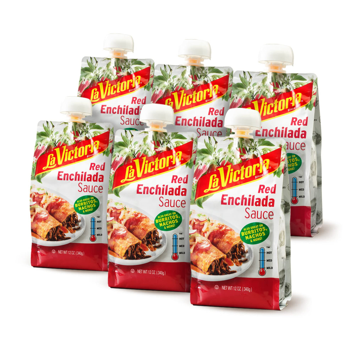 La Victoria front pouch showing label and mild enchilada sauce benefit: easy pouring