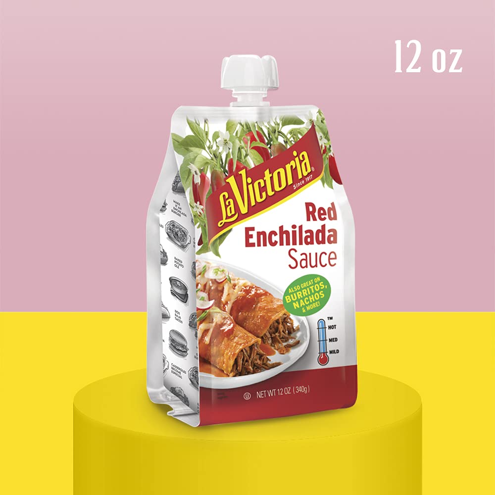 Six La Victoria pouches stacked to show pack size and compact pantry storage benefit
