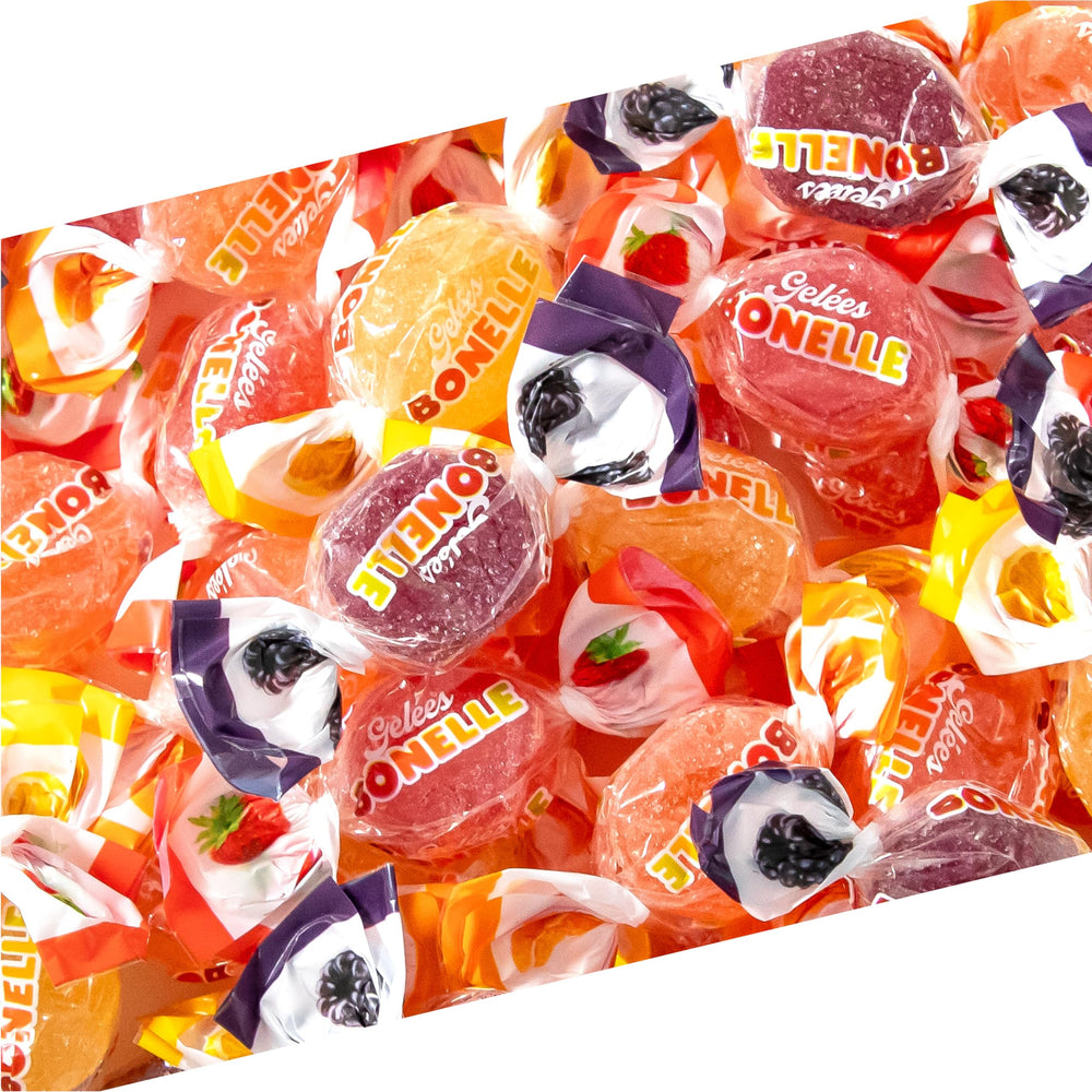 LAETAFOOD front packaging of Bonelle jelly candy shows 1 lb bag and flavors