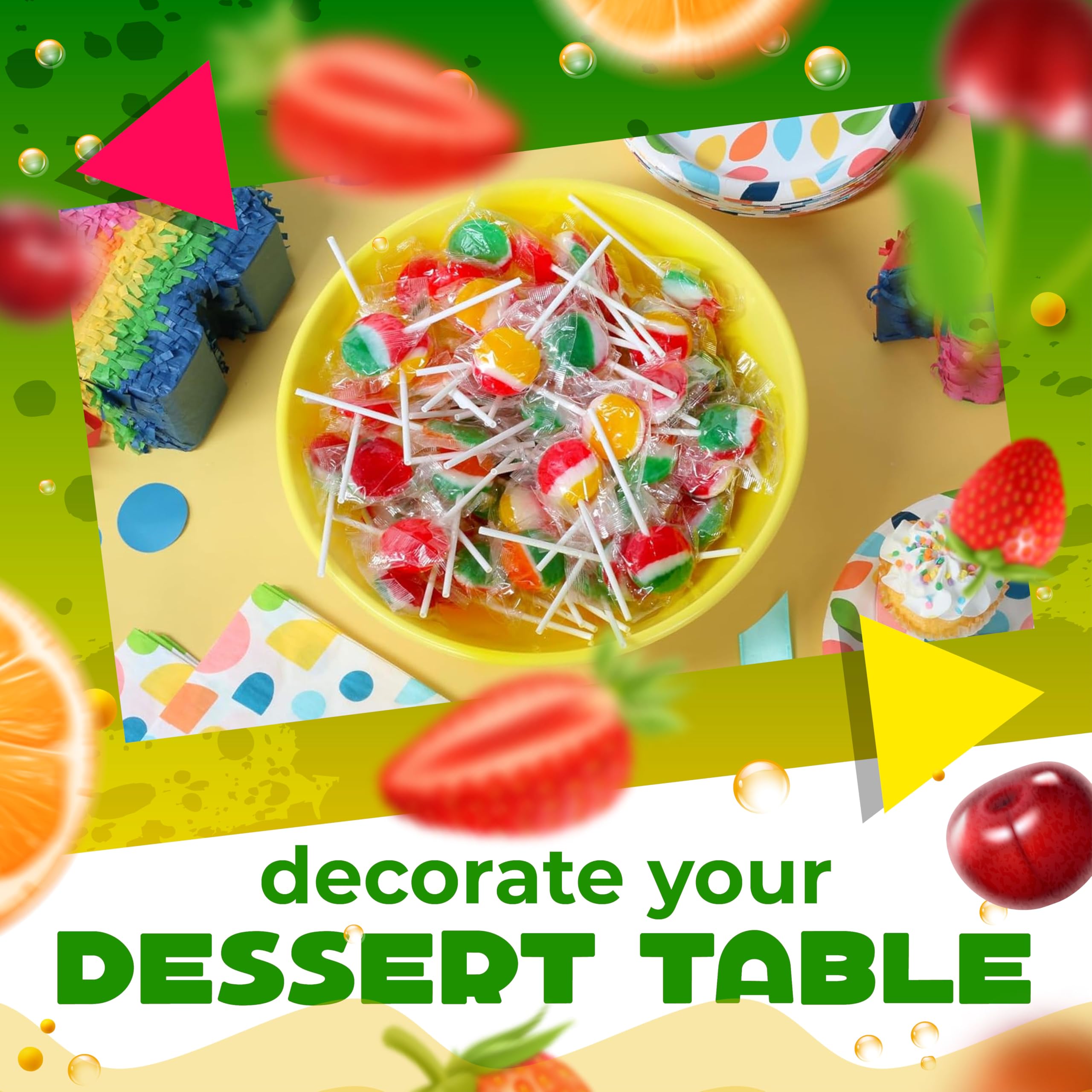 LAETAFOOD lollipops arranged on party table creating an appealing candy buffet display