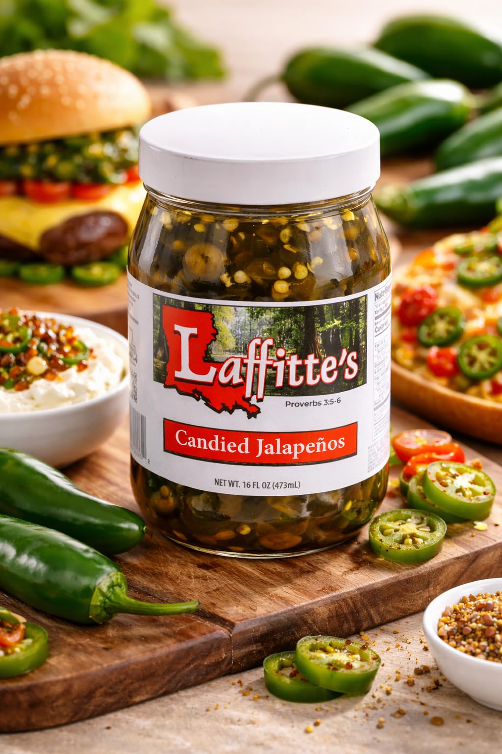 Laffitte's jalapeños atop burger adding sweet-spicy contrast and visual appeal