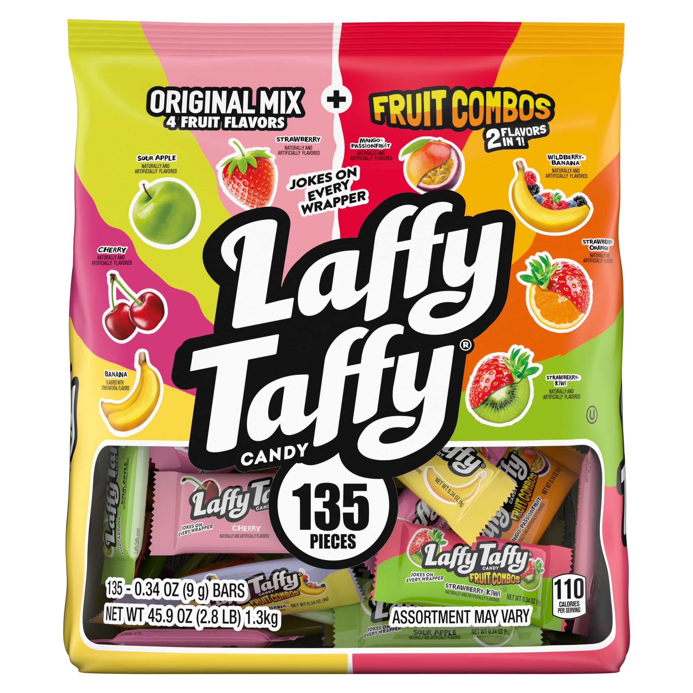 Laffy Taffy front pack showing 135-count and flavors, great for parties