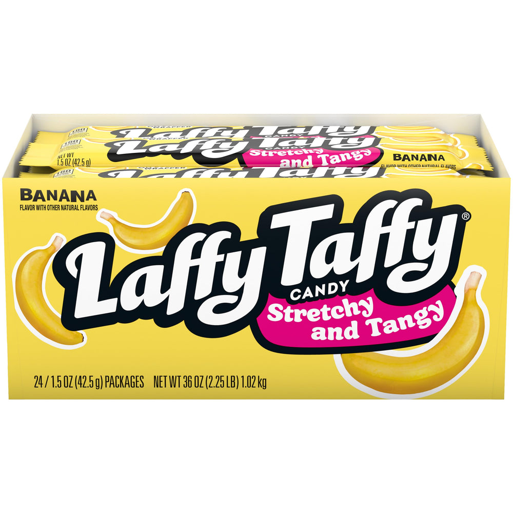 Laffy Taffy front packaging showing 24-pack banana bars and convenience