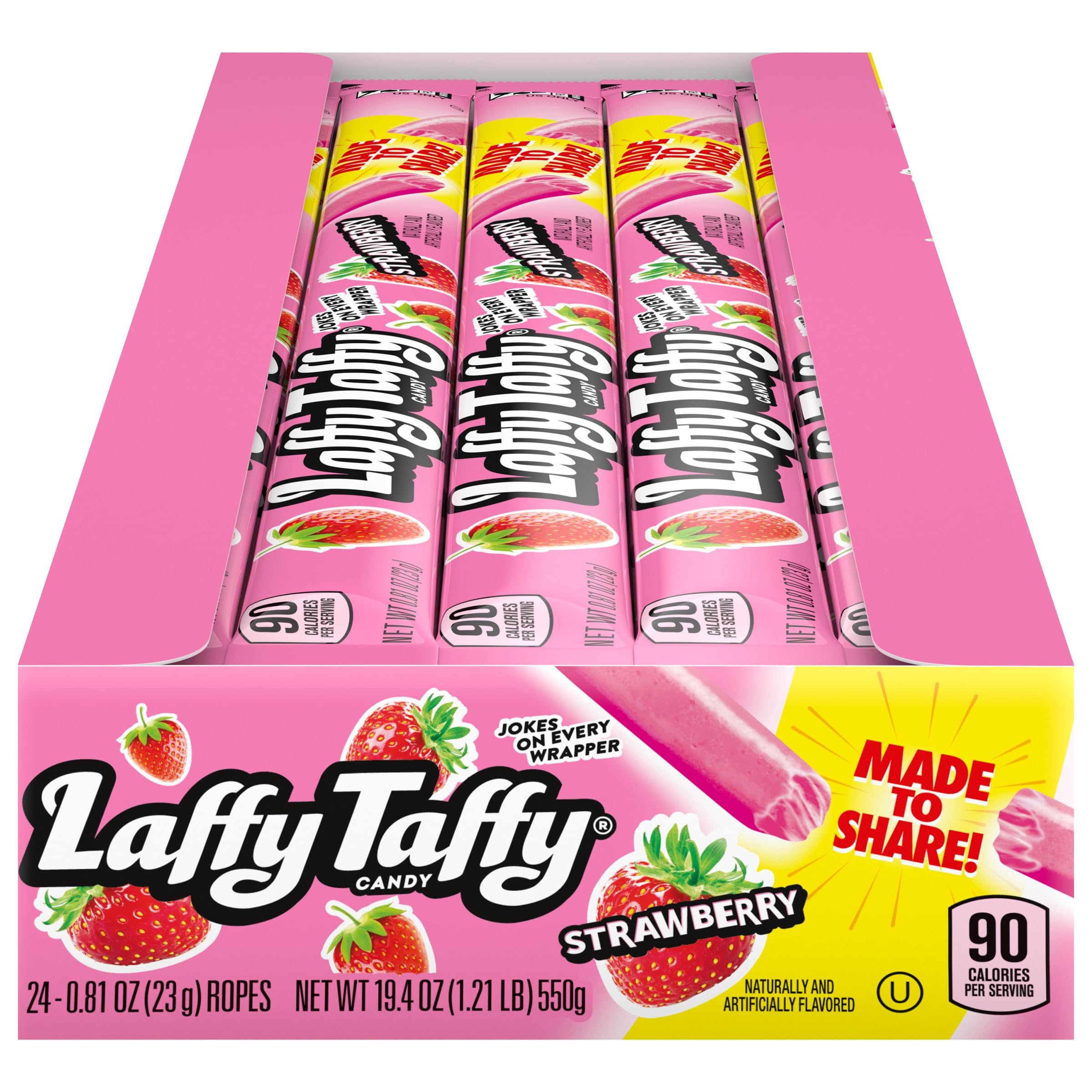 Laffy Taffy front packaging showing pack of 24 strawberry ropes and branding benefits