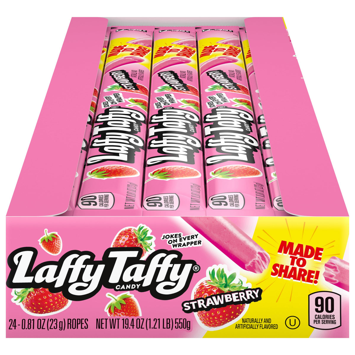 Laffy Taffy front packaging showing pack of 24 strawberry ropes and branding benefits