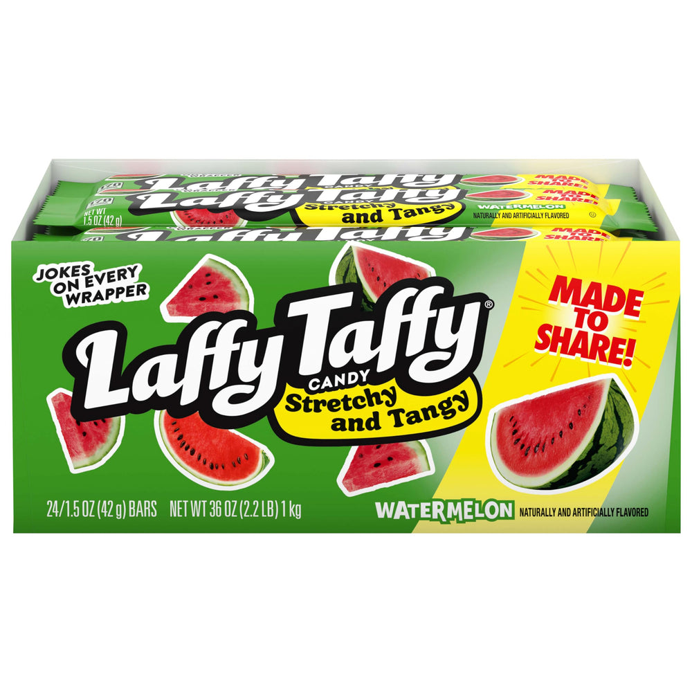 Laffy Taffy front packaging showing 24-count watermelon bars and convenience