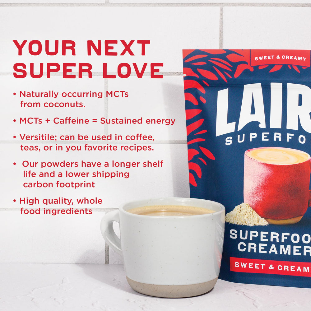Laird Superfood bag label detail showing ingredient callouts and certifications