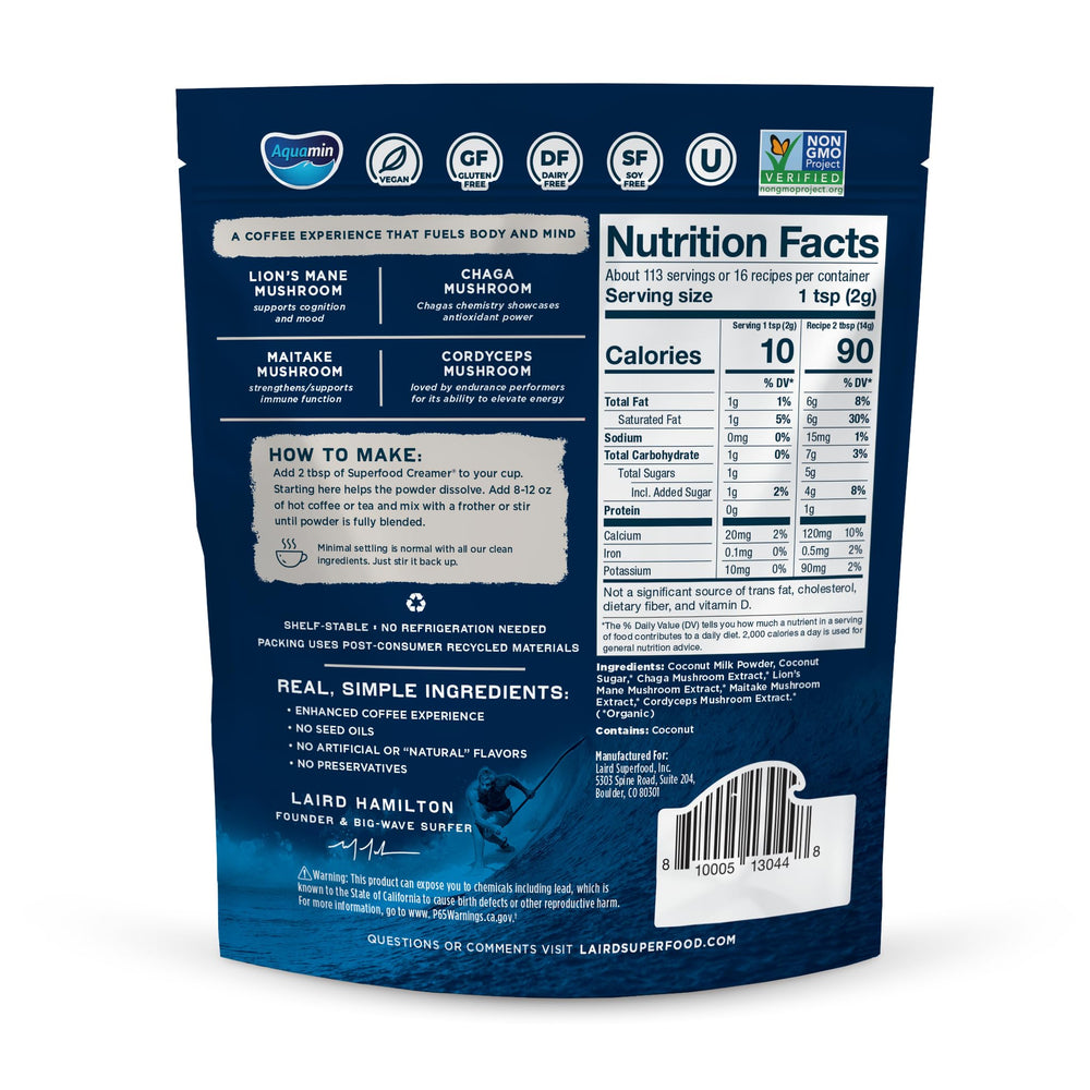 Laird Superfood back label close-up showing ingredients and directions for quick reading