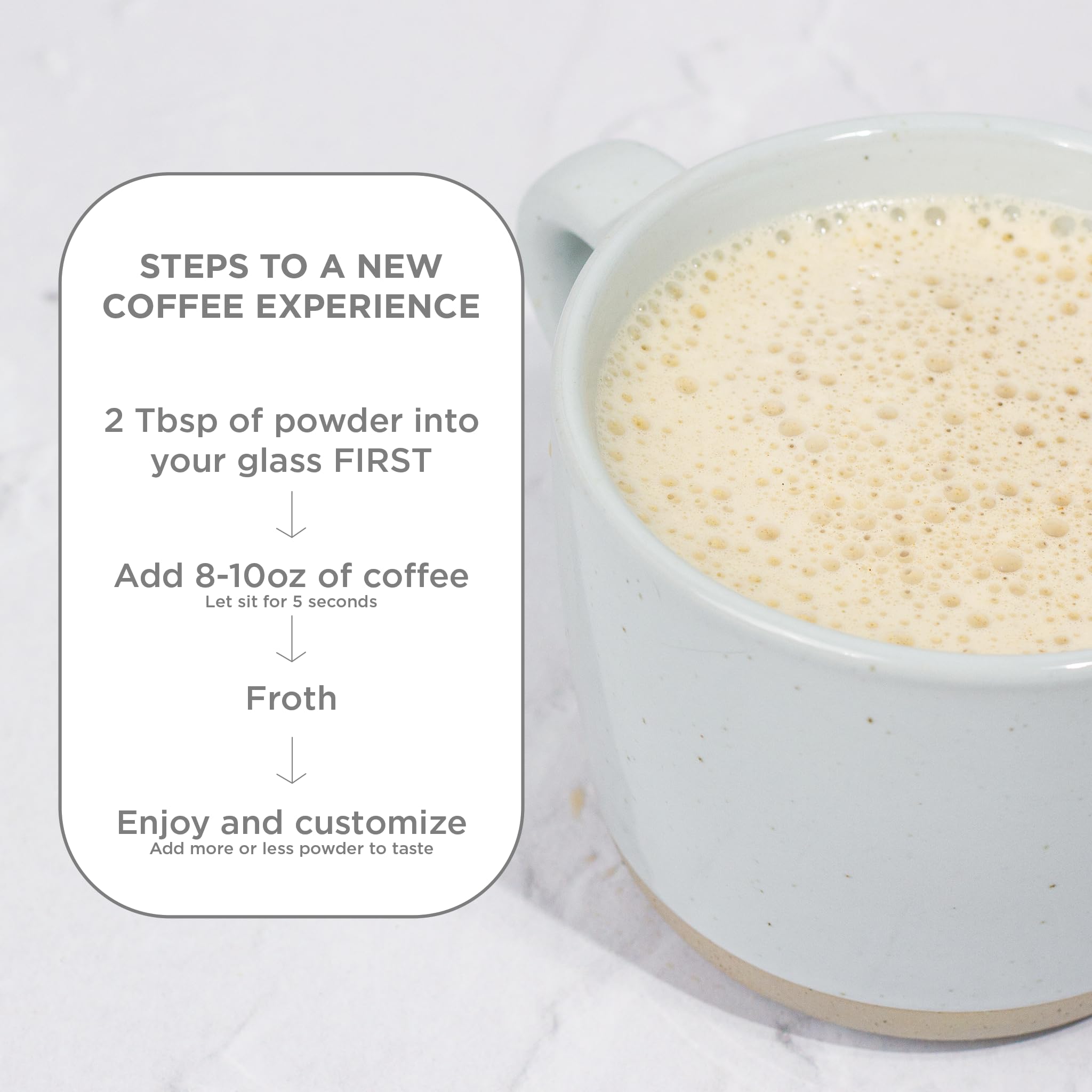 Laird Superfood stirred into coffee cup showing creamy finish for better mouthfeel