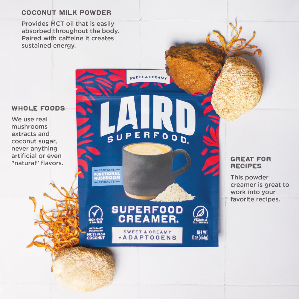 Laird Superfood powder texture close-up highlighting smooth coconut creamer consistency