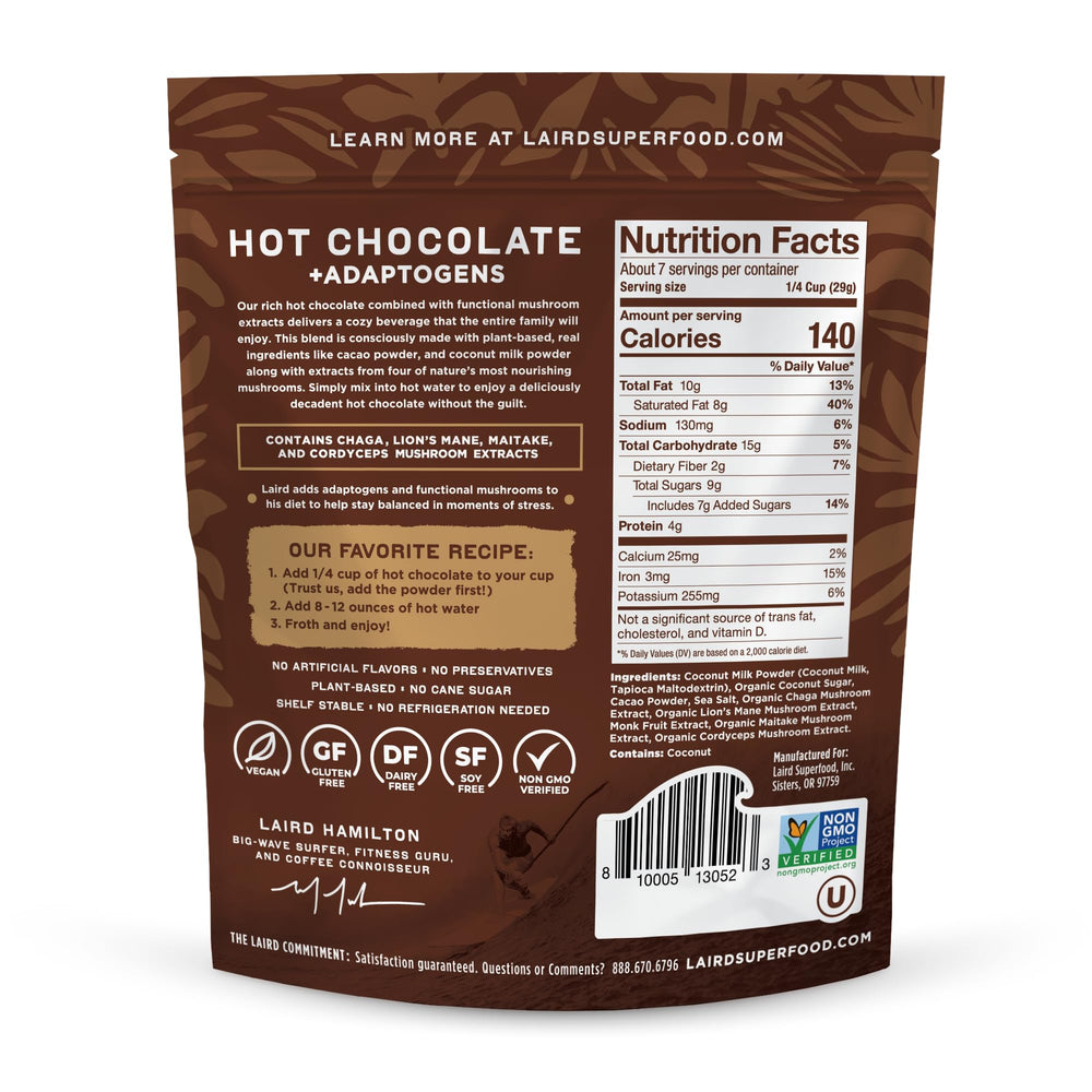 Laird Superfood open bag showing rich cacao powder and mushroom blend for easy scooping